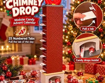 May include: A Chimney Drop modular candy advent calendar featuring a tall red brick chimney with Santa's legs protruding from the top. It has 25 numbered white tabs to pull, releasing candy into the base fireplace area.