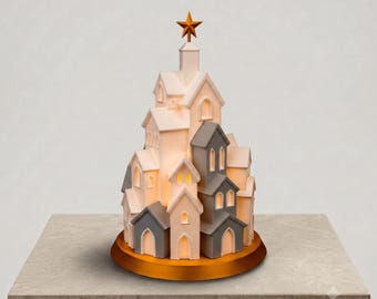 Winter Christmas Village Tree Lamp – Cozy Holiday House Night Light