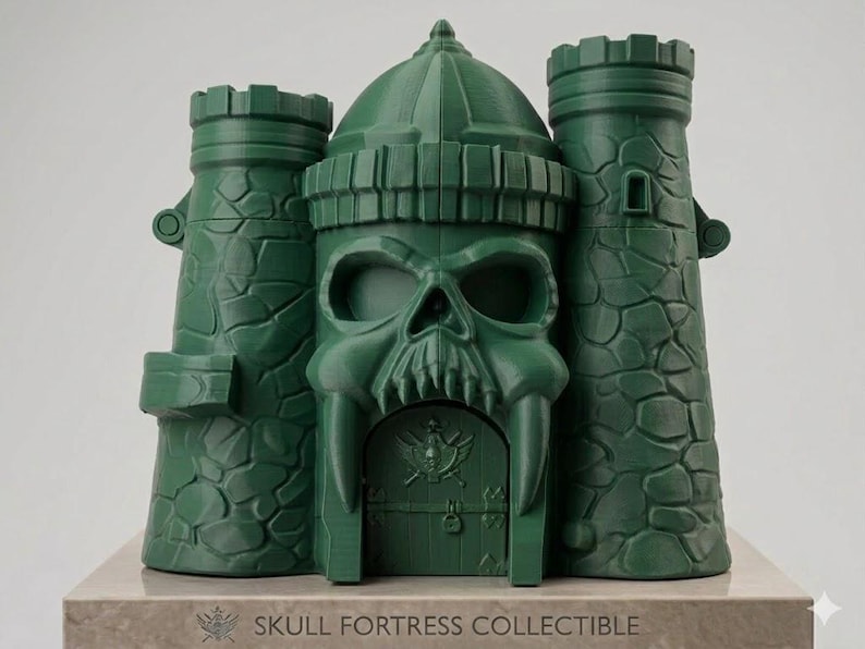 Op de afbeelding: Een donkergroen plastic schedelvesting verzamelobject met twee zijtorens met steenachtige texturen en een centrale structuur in de vorm van een schedel met een poort. De basis toont de tekst SKULL FORTRESS COLLECTIBLE.