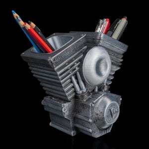 V-Twin Engine Pen Holder | Motorcycle Mechanic Desk Organizer, Biker Man Cave Decor image 4