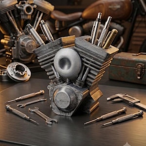 May include: A desk organizer shaped like a V-twin motorcycle engine block with metallic silver finish and cooling fins. The top features two cylindrical openings holding several metal pens. The organizer is surrounded by small metal tools.