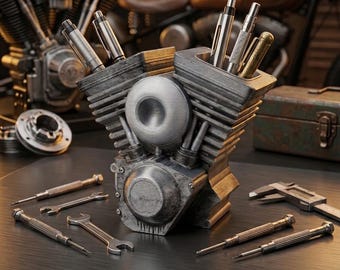 V-Twin Engine Pen Holder | Motorcycle Mechanic Desk Organizer, Biker Man Cave Decor
