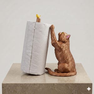 May include: A brown cat figurine reaching up toward a white paper towel roll. A small yellow bird sits on top of the wooden dowel holding the paper towels. The cat has textured fur, pointed ears with pink inner details, and yellow eyes.