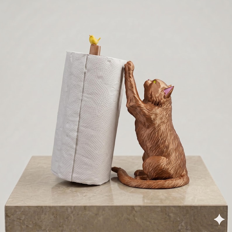 May include: A brown cat figurine reaching up toward a white paper towel roll. A small yellow bird sits on top of the wooden dowel holding the paper towels. The cat has textured fur, pointed ears with pink inner details, and yellow eyes.