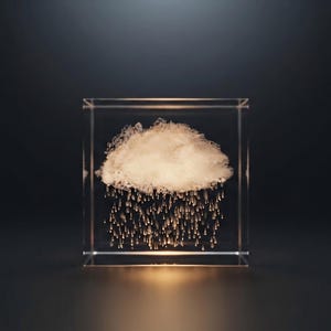 May include: A clear glass cube containing a white, textured cloud formation. The cloud appears to be raining, with numerous small, translucent droplets suspended beneath it. A warm, golden light illuminates the base of the cube from below.