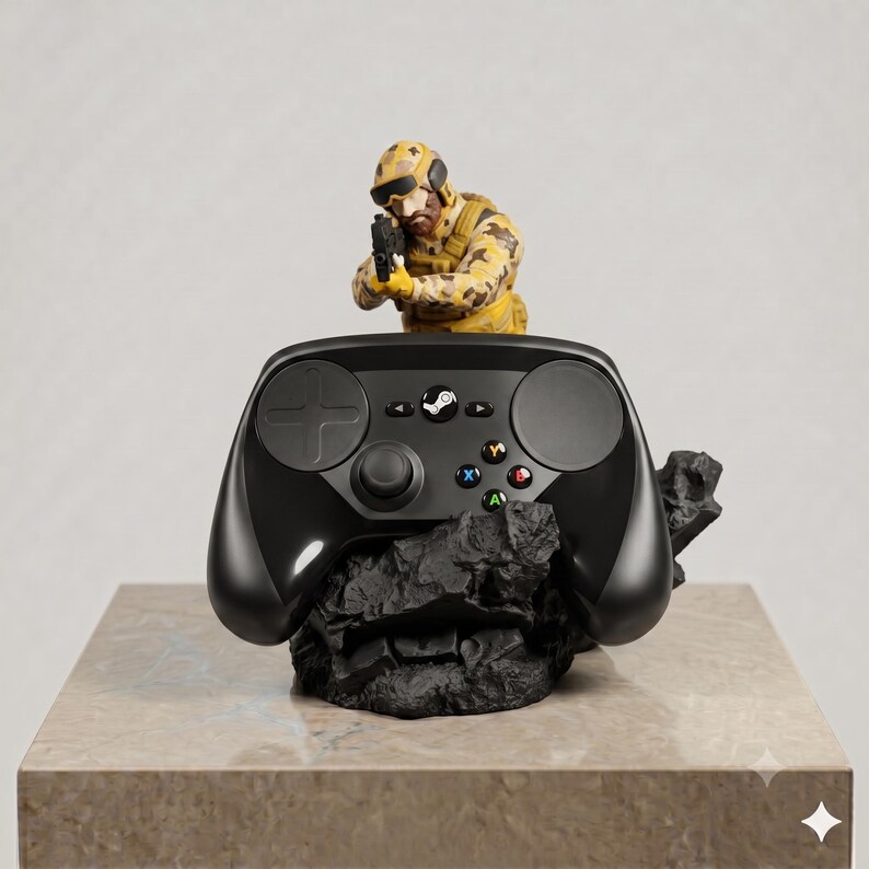 Puede incluir: Un soporte negro para mando de videojuegos con una figura de soldado en miniatura con uniforme de camuflaje beige apuntando con un arma. El mando descansa sobre una base negra de aspecto rocoso, con el logo de Steam visible en el centro.