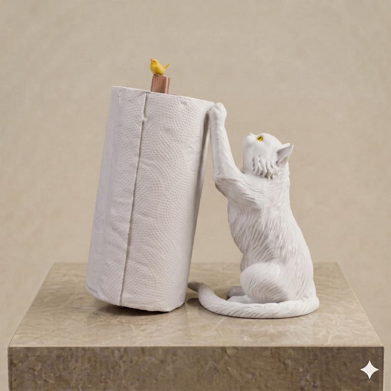 Cat Paper Towel Holder – Whimsical Kitchen Decor, PLA Material White