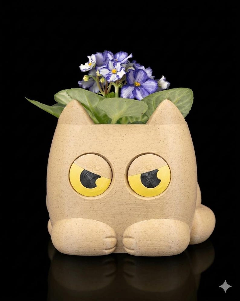 Grumpy Cat Planter, 3D Printed Kitty Succulent Pot, Minimalist Desk Decor Beige