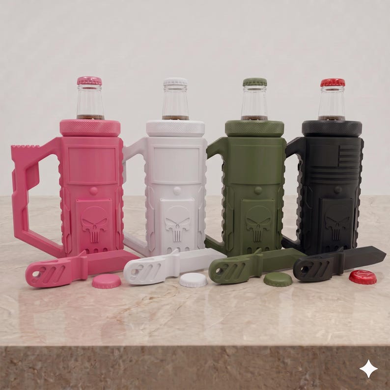 Pode incluir: Quatro suportes para garrafas nas cores rosa, branco, verde-oliva e preto, cada um com um emblema de caveira, uma al&ccedil;a lateral e um abridor de garrafas correspondente. Cada suporte cont&eacute;m uma garrafa de vidro com tampa de metal.