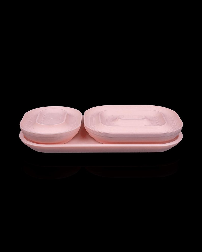 May include: A light pink rectangular tray holding two matching light pink bowls of different sizes. The smaller bowl is oval-shaped, while the larger bowl is rectangular with rounded corners. Both bowls feature a tiered, stepped interior design.
