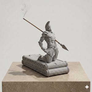Puede incluir: Un quemador de incienso de color gris piedra con forma de guerrero arrodillado con armadura y casco. Una lanza atraviesa el pecho del guerrero, con el asta sirviendo como varilla de incienso que emite un fino hilo de humo al aire.