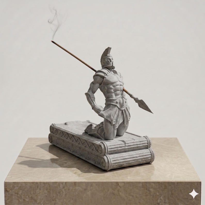 Puede incluir: Un quemador de incienso de color gris piedra con forma de guerrero arrodillado con armadura y casco. Una lanza atraviesa el pecho del guerrero, con el asta sirviendo como varilla de incienso que emite un fino hilo de humo al aire.