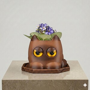May include: A brown, cat-shaped planter with large, glossy yellow eyes and pointed ears. The planter sits on a dark brown, hexagonal wooden base and contains a small green plant with purple flowers blooming from the top of the cat's head.