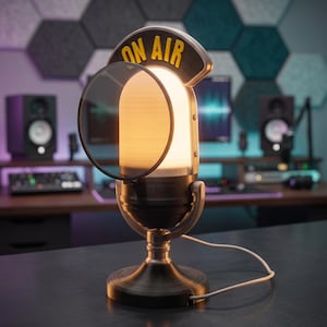 May include: A black and silver desk lamp shaped like a vintage microphone with a glowing white center and a black sign at the top featuring the yellow text ON AIR. A circular glass lens is attached to the front of the lamp, which has a white cord.