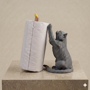 May include: A gray cat figurine with yellow eyes reaching up toward a white paper towel roll. A small brown post sits atop the paper towel roll, topped with a tiny yellow bird figurine. The cat is sculpted with textured fur details.