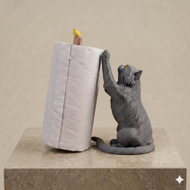 May include: A gray cat figurine with yellow eyes reaching up toward a white paper towel roll. A small brown post sits atop the paper towel roll, topped with a tiny yellow bird figurine. The cat is sculpted with textured fur details.
