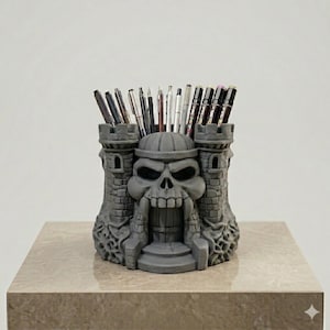Medieval Citadel Pen Stand, Spooky Castle Desk Accessory, Fantasy Office Decor グレー