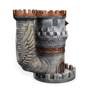 May include: A gray stone-textured dice tower shaped like a castle with copper-colored battlements and trim. The structure features a prominent wing relief on the side, a small arched window, and a base with crenelated walls for dice collection.
