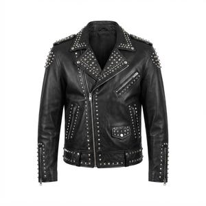 Handgefertigte schwarze Bikerjacke aus Leder mit Nieten | Punkige Motorradjacke mit Nieten