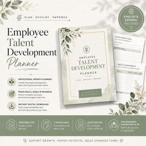 May include: An Employee Talent Development Planner in a printable PDF format. The cover features sage green watercolour accents, gold lines, and the text Employee Talent Development Planner. Includes pages measuring 21.59 x 27.94 cm in size.