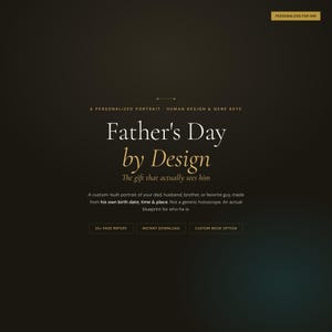 May include: A dark brown digital graphic with gold text reading Personalized for Him, A Personalized Portrait Human Design & Gene Keys, Father's Day by Design, The gift that actually sees him, and buttons for 25+ Page Report, Instant Download, Custom Book Option.