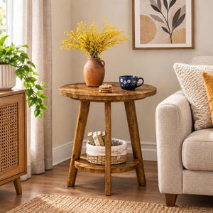 May include: A round wooden side table with three splayed legs and a lower shelf. The table features a warm brown wood grain finish. On the tabletop sits a terracotta vase with yellow flowers, a blue mug with white floral patterns, and cookies.
