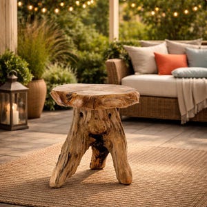 May include: A natural wood side table crafted from a single tree stump, featuring a smooth, circular top surface with visible wood grain patterns and three sturdy, organic root-like legs that provide a stable base for this piece of furniture.