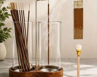 2-in-1 Incense Holder with Glass Ash Catcher, Wooden Aromatherapy Burner Set, Meditation Yoga Spa Decor, Zen Home Fragrance Gift