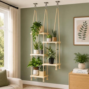 May include: A multi-tiered hanging plant shelf system featuring light-coloured wooden planks suspended by thick beige ropes from metal ceiling hooks. The shelves hold various potted plants, including trailing vines, succulents, and leafy green foliage.