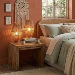 2 Pack Boho Rattan Table Lamps, Handmade Woven Bedside Nightstand Lamps, E26 Desk Lamps for Bedroom Living Room Dorm Decor