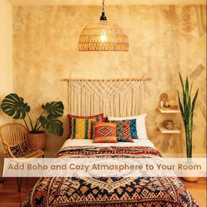 May include: A bedroom featuring a woven pendant light, a macrame wall hanging, and a bed with a patterned quilt in red, blue, and cream. The bed includes colorful throw pillows. Text on the image reads: Add Boho and Cozy Atmosphere to Your Room.