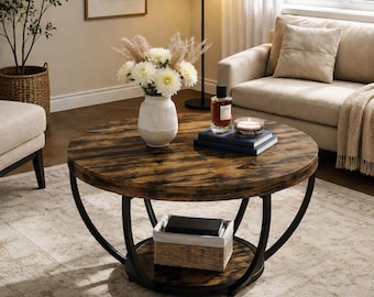 Round Coffee Table 31.7 Inch, 2 Tier Wooden Center Table, Modern Living Room Accent Furniture, Rustic Brown Cocktail Table With Shelf