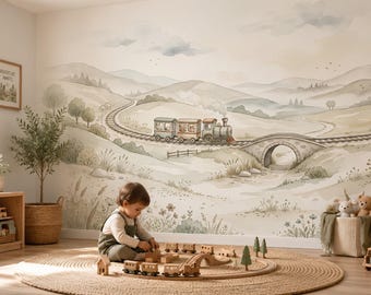 Landscape Train Watercolor Mural, Whimsical Woodland Nursery Playroom Decor