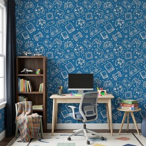 Retro Gaming Controller Wallpaper, Blue Gamer Room Wall Cover, Modern Playroom Accent