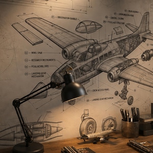 May include: A black adjustable desk lamp illuminates a wall mural featuring a detailed technical blueprint of an airplane with labels like Observation Bubble and Wing Spar. A small metal airplane model sits on the desk near a pen holder.