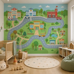 May include: A wall mural featuring a colourful cartoon town map with winding grey roads, green hills, trees, and various buildings including a hospital, police station, fire station, school, and library, all set against a light blue sky background.