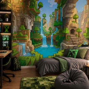 May include: A bedroom featuring a large wall mural of a blocky, pixelated landscape with waterfalls, green trees, and stone cliffs. The room includes a bed with a green creeper pillow, a desk with a neon sign reading LEVEL UP GAME ON.