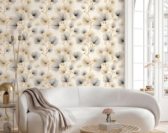 Ginkgo Leaf Floral Wallpaper Neutral Botanical Wall Decal, Modern Japandi Style Decor, Minimalist Zen Aesthetic