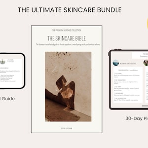 Puede incluir: El Ultimate Skincare Bundle incluye una guía digital titulada The Skincare Bible, un Ingredients & INCI Guide en un teléfono inteligente y un 30-Day Planner & Tracker en una tableta. Una insignia circular amarilla indica 30% off.