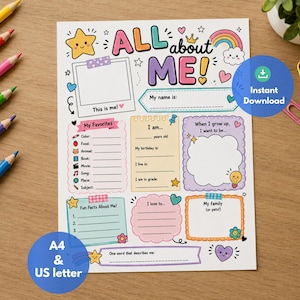 Utskrivbart Allt om mig-arbetsblad | Tillbaka till skolan-aktivitet | Första skoldagens arbetsblad | Utskrivbar PDF för barnklassrum | US Letter & A4