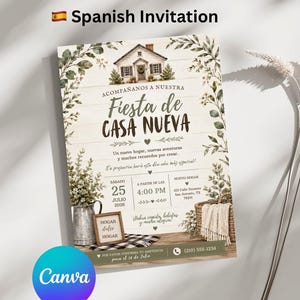 Peut inclure: Une carte d'invitation pour une pendaison de crémaillère avec un fond en bois blanc, une illustration aquarelle d'une maison et du feuillage vert. Le texte indique Fiesta de CASA NUEVA, avec la date du 25 juillet 2026 et 16h00.