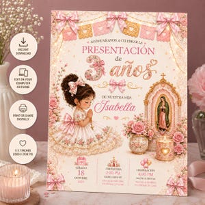 May include: A rectangular invitation card for a 3-year-old's presentation ceremony featuring a girl in a pink dress, a floral border, pink bows, a religious icon in a gold frame, a candle, and text including the name Isabella and date October 18, 2025.