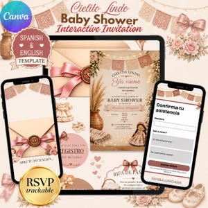 Invitation interactive pour une baby shower Cielito Lindo, modèle Canva bilingue (espagnol et anglais), invitation mexicaine modifiable, RSVP et liste de naissance