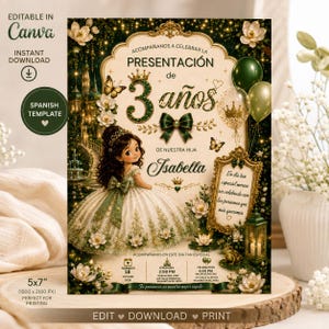 Peut inclure: Un modèle d'invitation numérique illustrant une fille en robe blanche et verte, une couronne dorée, des papillons et des ballons. Le texte inclut "PRESENTACIÓN de 3 años", "Isabella" et les détails de l'événement, avec des fleurs et une lanterne.
