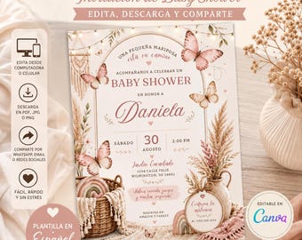 Plantilla de invitación de baby shower de mariposas en español / Invitación Canva editable / Mariposas Boho Baby Shower / Plantilla en Español