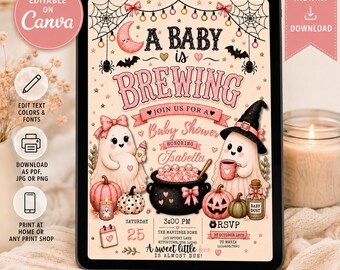 May include: A digital baby shower invitation template featuring a pink and black Halloween theme with two ghosts, a black cauldron, pumpkins, and spiderwebs. The text reads A BABY IS BREWING, JOIN US FOR A BABY SHOWER, HONORING ISABELLA, and includes event details.