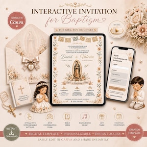 May include: An interactive digital baptism invitation template featuring floral accents, a religious illustration, and customizable text fields. The set includes a tablet displaying the invitation, a smartphone with an RSVP form, a decorative envelope, and a small figurine.