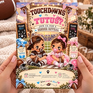 Touchdowns or Tutus Gender Reveal Invitation, Football Cheerleader Reveal, Editable Canva Template, Pink Blue Printable Digital Invite 5x7