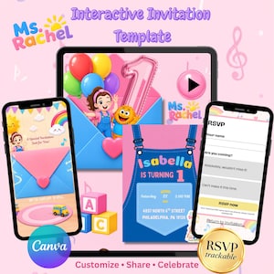 May include: An interactive digital invitation template featuring Ms. Rachel branding, displayed on a tablet and two smartphones. The design includes colorful balloons, a number one balloon, a cartoon character, and an RSVP form interface.