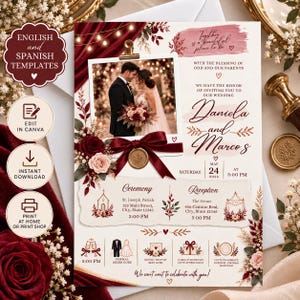 May include: A wedding invitation template featuring a photo of a couple, burgundy floral accents, and a gold wax seal. Text includes "Together is a beautiful place to be," "Daniela and Marcos," "Saturday May 24 2026," and details for the ceremony and reception.